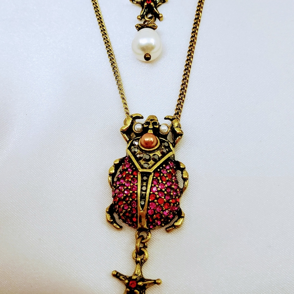 RED SCARAB BEETLE PENDANT DOUBLE CHAIN NECKLACE